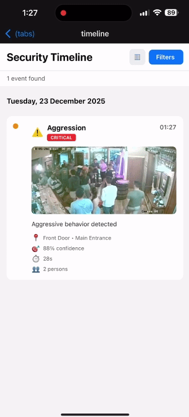 SENTRY mobile app showing aggression alert
